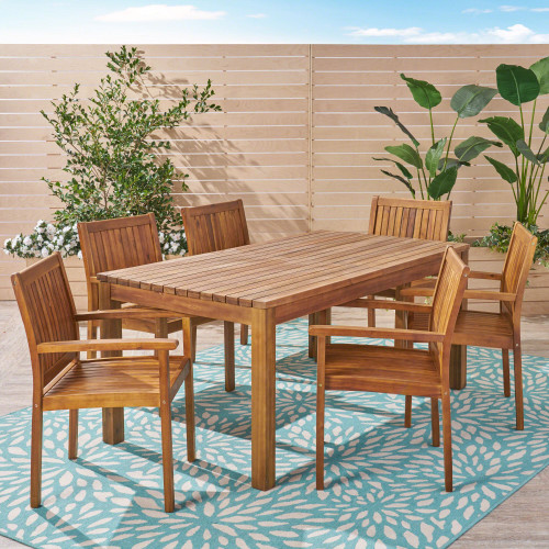 7-Piece Natural Finish Rectangular Outdoor Furniture Patio Dining Set