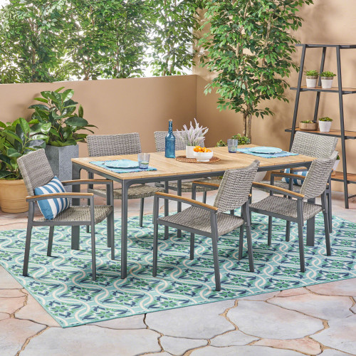 7-Piece Gray Natural Finish Contemporary Aluminum and Wicker Outdoor Furniture Patio Dining Set