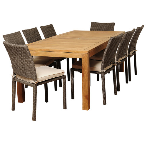 9-Piece Brown Damian Teak Rectangular Outdoor Patio Furniture Dining Set 87" - Off White Cushions