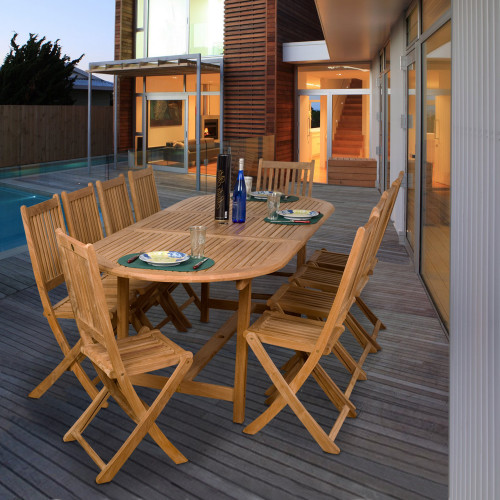 11-Piece Brown Bergen Teak Extendable Oval Outdoor Patio Dining Set 71"