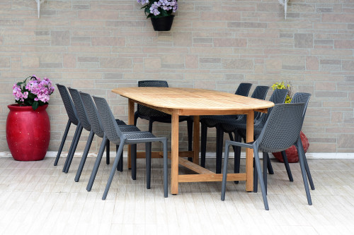 Set of 11 Gray and Brown Contemporary Teak Finish Oval Dining Table and Chairs
