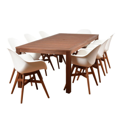 9-Piece Brown and White Charlotte Eucalyptus Rectangular Patio Dining Set 88"
