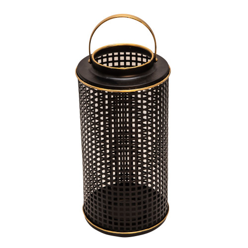 14" Black and Gold Grid Candle Holder with Handle