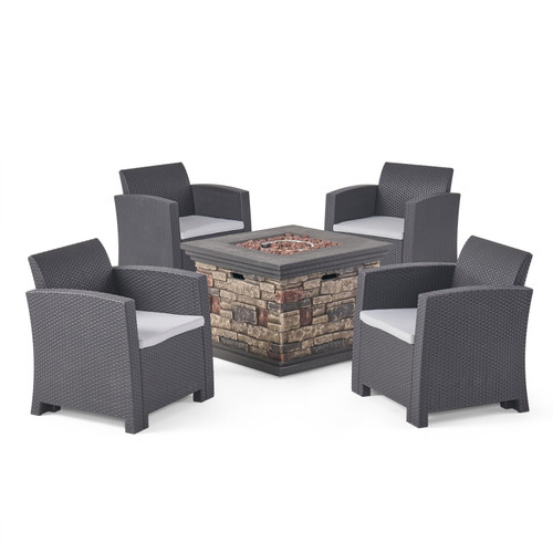 5-Piece Charcoal Gray Contemporary Outdoor Patio Furniture 4 Seater Chat Set with Fire Pit Set