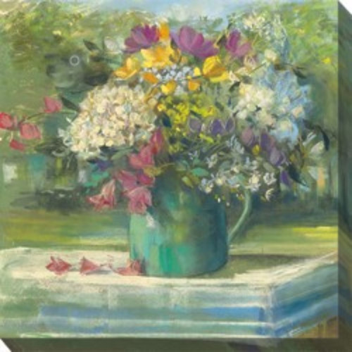 Green and White Picnic Posies Outdoor Canvas Square Wall Art Decor 24"