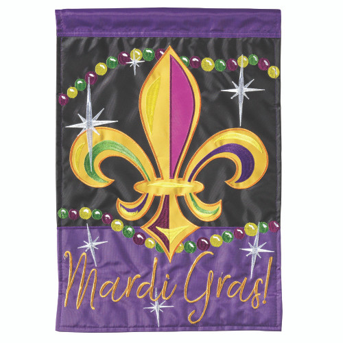 Fleur De Lis "Mardi Gras!" Garden Flag - 18" x 13"- Purple and Black