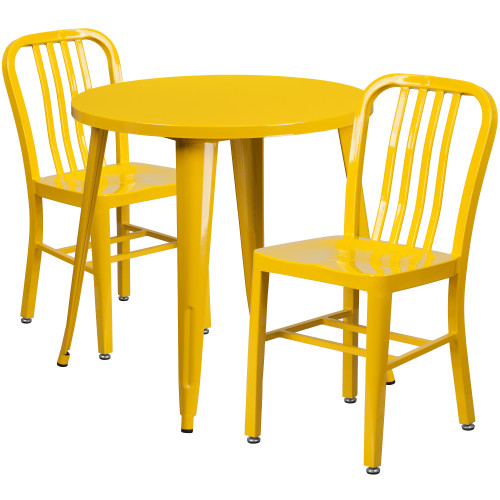 Set of 3 Round Yellow Metal Indoor and Outdoor Table with Vertical Slat Back Chair Set 33.25"