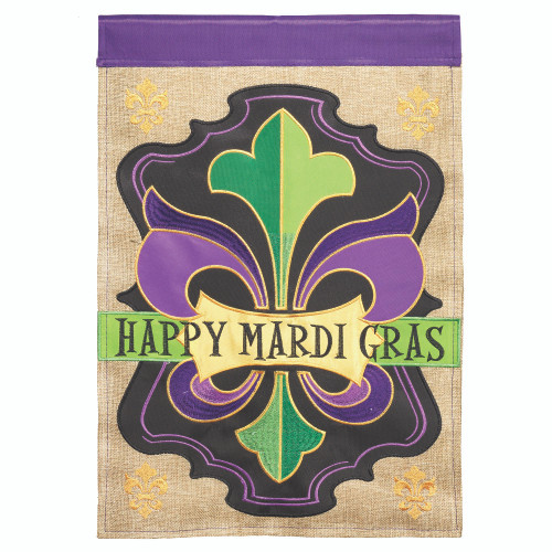 Fleur-de-lis "Happy Mardi Gras" Outdoor Flag - 42" x 29" - Beige and Purple