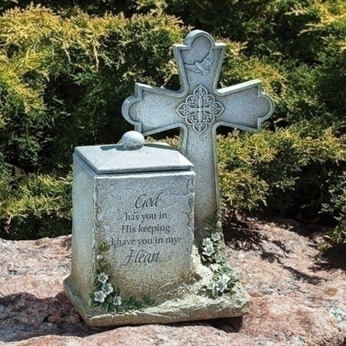 14" Gray Memorial Box with Cross Outdoor Garden Statue