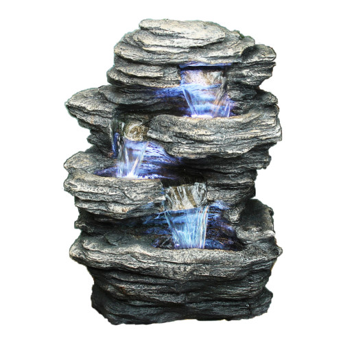 13.25" Brown and White Four Level Rock Waterfall Fountain with Led Light