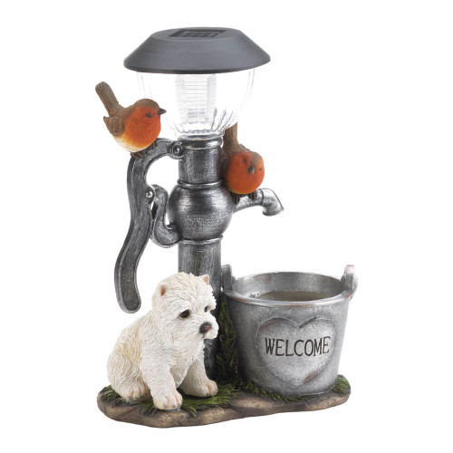 13.75" Black and White Little Pup with Water Pump Solar Light Statue - Adorable Garden Decor
