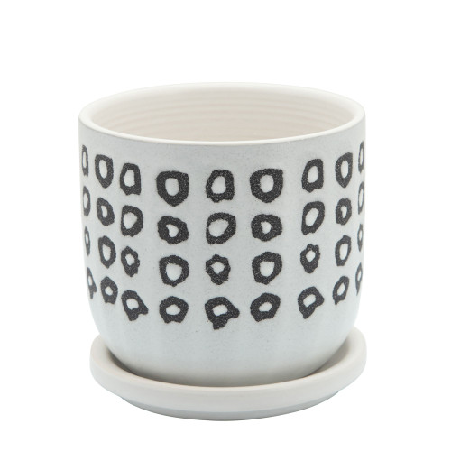 5" Black and Ivory Aztec Ceramic Planter with Saucer