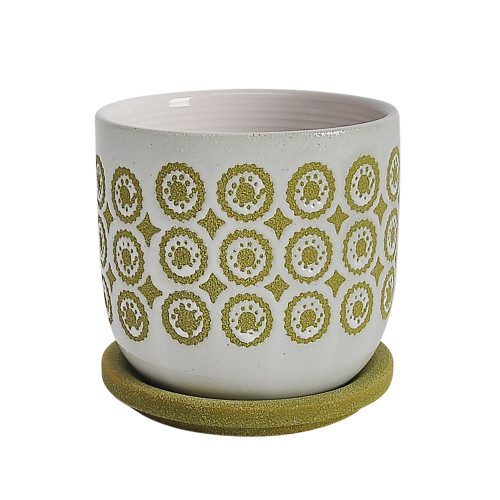 5" Olive Green Circles Ceramic Planter with Saucer