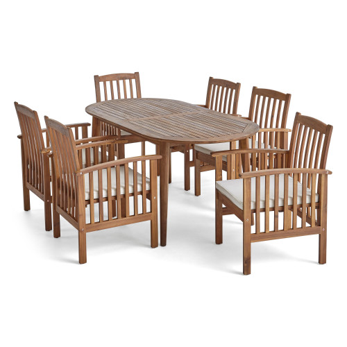 7-Piece Brown Traditional Handcrafted Outdoor Furniture Patio Dining Set - Cream White Cushions