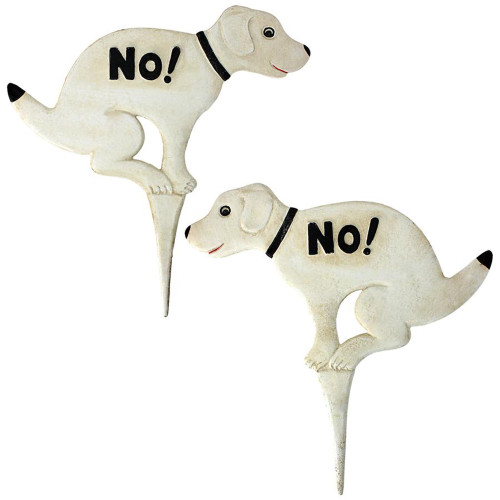 Charming 13" Set of 2 No Waste Dog Outdoor Garden Signs | Hand-Painted Resin | Exterior Décor