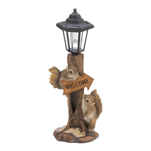 10" Brown and Black Friendly Squirrels Solar Lamp - Adorable Outdoor Décor for a Warm Welcome