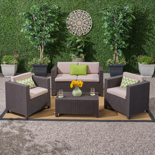 4pc Brown and Beige Contemporary Outdoor Patio Chat Set 52"
