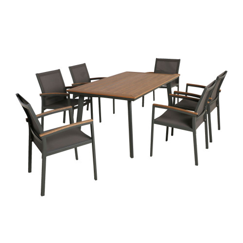 7-Piece Gray and Brown Natural Finish Outdoor Mesh Furniture Patio Dining Set