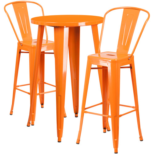 Set of 3 Orange Round Metal Indoor-Outdoor Bar Table and Cafe Stools Set 45.25"