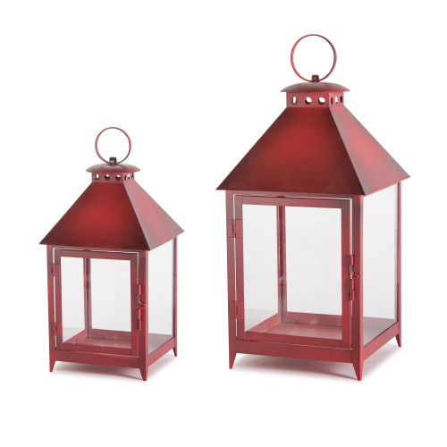 Set of 2 Antique Red Iron Large and Small Fascinating Lantern, 16"