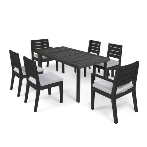 7-Piece Sandblast Gray Finish Rectangular Wood Outdoor Furniture Patio Dining Set - Gray Cushions