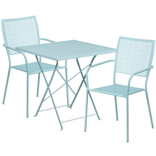 3-Piece Sky Blue Finish Square Steel Outdoor Furniture Patio Folding Table Set with Chairs