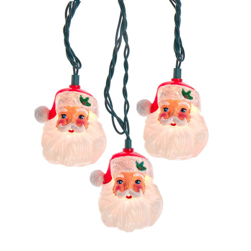10-Count White and Red Santa Head Christmas Light Set, 2.5ft Green Wire