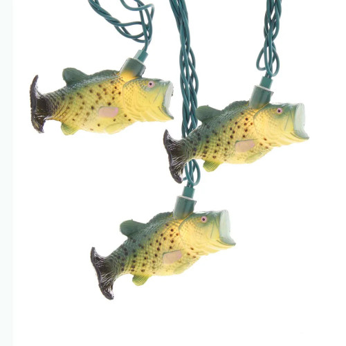 10-Count Yellow and Green Bass Fish Christmas Light Set, 2.5ft Green Wire