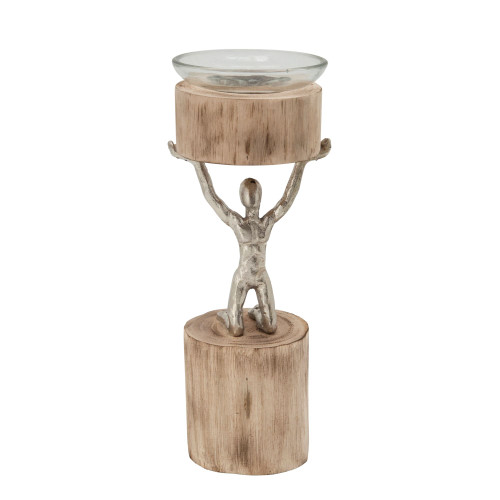 61.5" Brown and Silver Man Kneeling on Wood Lifting Pillar Candle Holder