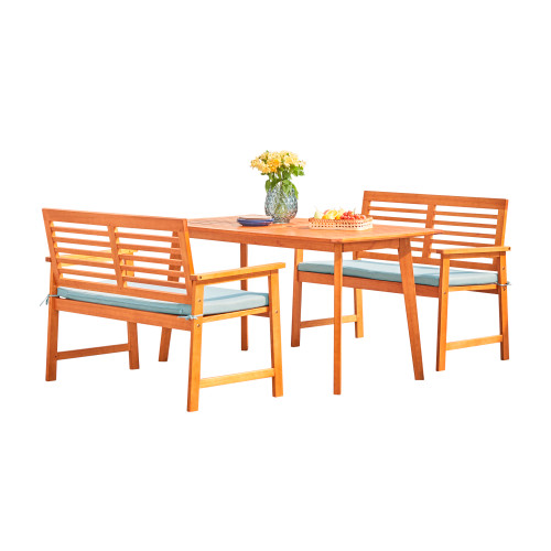 3-Piece Brown Contemporary Outdoor Furniture Patio Dining Set with Gray Cushions and Bench 59"