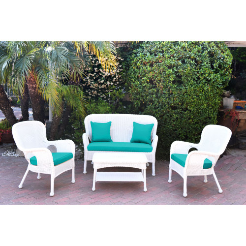 4-Piece White Wicker Outdoor Furniture Patio Conversation Set - Turquoise Blue Cushions