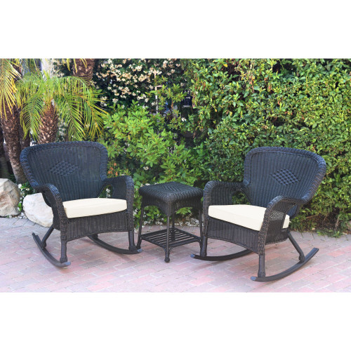 3-Piece Black Rocker Outdoor Furniture Patio Conversation Set with Ivory Cushion 35.5"