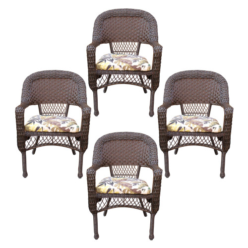 4-Piece Resin Wicker Outdoor Brown Dining Chairs - Floral Cushions