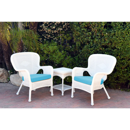 Set of White And Sky Blue Wicker Chair And End Table With Chair Cushions 35"