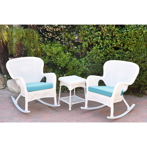 3-Piece White Wicker Outdoor Furniture Patio Conversation Set with Sky Blue cushion 35.5''