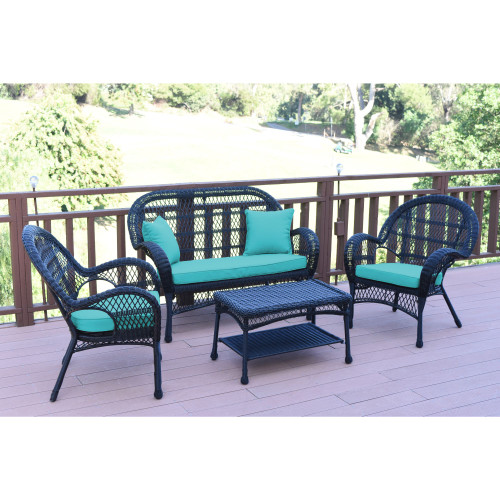 4-Piece Black Wicker Outdoor Furniture Patio Conversation Set - Turquoise Blue Cushions
