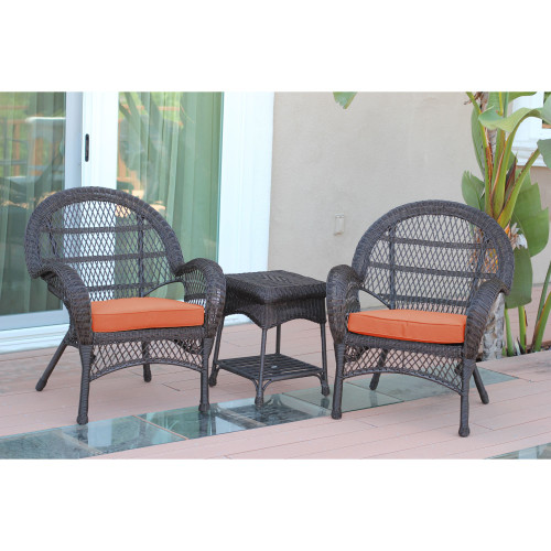 3-Piece Espresso Brown Wicker Outdoor Furniture Patio Conversation Set - Orange Cushions