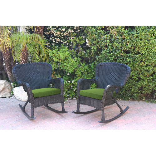 Set of 2 Black Outdoor Patio Resin Wicker Rocker Chairs - Hunter Green Cushions 29.5"