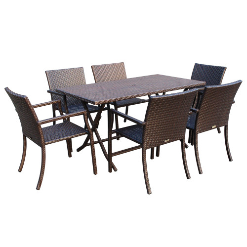 7-Piece Brown Wicker Outdoor Furniture Patio Chairs and Folding Buffet Table Set 55.5"