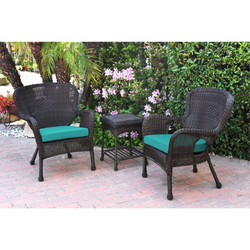 3-Piece Espresso Brown Wicker Outdoor Furniture Patio Conversation Set - Turquoise Cushion
