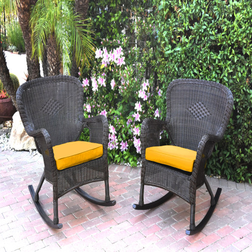 Set of 2 Windsor Resin Wicker Outdoor Furniture Patio Rocker Chair - Mustard Yellow Cushions 35"