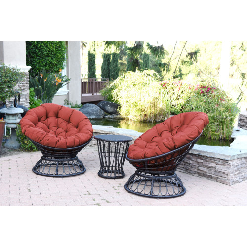 3-Piece Espresso Brown Outdoor Furniture Patio Swivel Chair and Table Set - Red Cushions