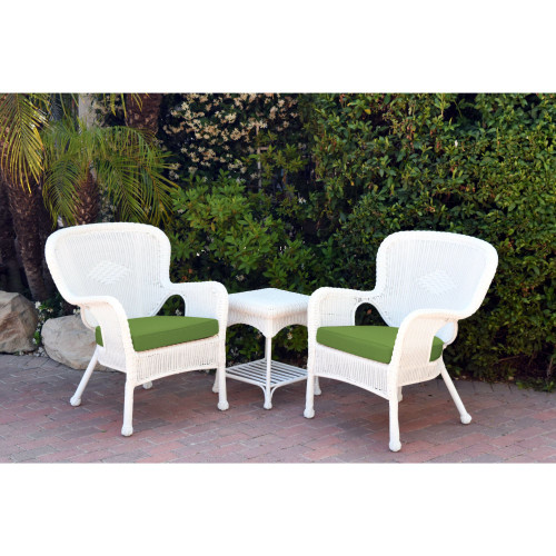 3-Piece White Wicker Outdoor Furniture Patio Conversation Set with Green Cushion 35"