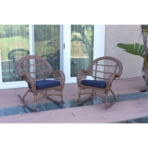 Set of 2 Honey Brown Outdoor Furniture Patio Rocking Chairs - Midnight Blue Cushions