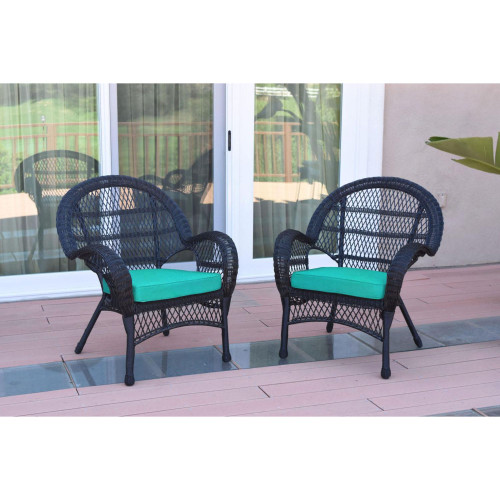 Set of 2 Santa Maria Black Outdoor Furniture Patio Wicker Chairs with Turquoise Blue Cushion 36"