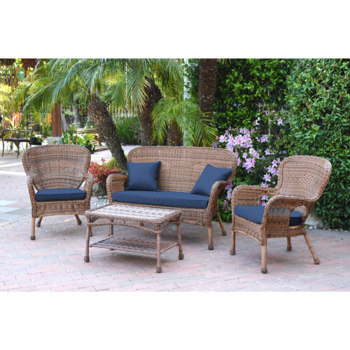 4-Piece Honey Brown Wicker Outdoor Furniture Patio Conversation Set - Midnight Blue Cushions