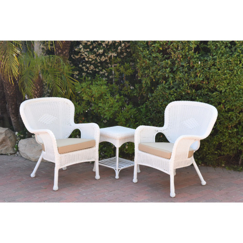 3-Piece White Wicker Outdoor Furniture Patio Conversation Set - Tan Cushions