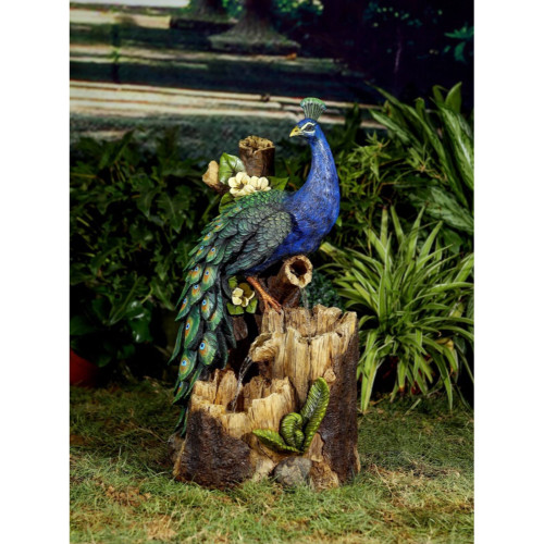 28" Brown and Blue Traditional Outdoor Patio Peacock Fountain