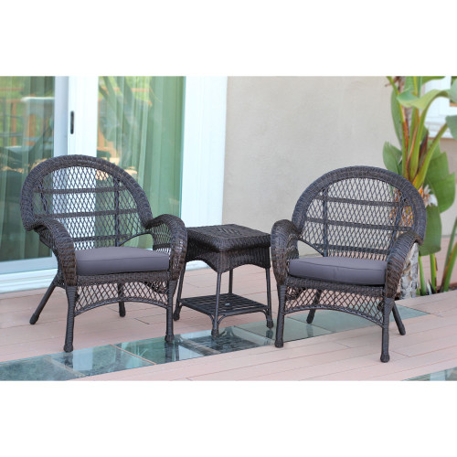 3-Piece Espresso Brown Wicker Outdoor Furniture Patio Conversation Set - Steel Blue Cushions