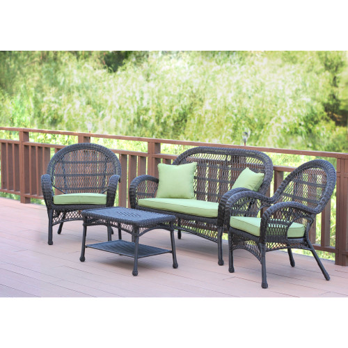 4-Piece Brown Wicker Outdoor Furniture Patio Conversation Set - Sage Green Cushions